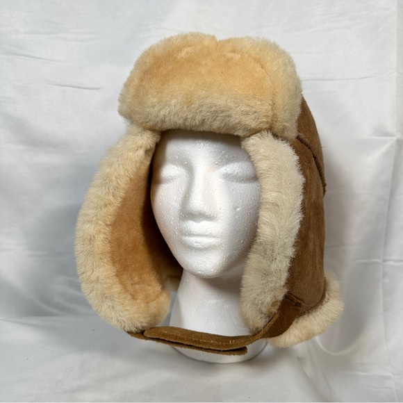 Genuine Shearling Sheepskin Trapper Hat Tan Aviator Winter Warm XL Apres Ski - Picture 4 of 16